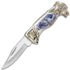 Winter Wolf Pocket Knife - 3Cr13 Stainless Steel, Sculpted Cast Metal And TPU Handle, Colorful Artwork, Liner Lock - Closed 5”