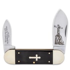 The pocket knife has stainless steel blades with laser-etched artwork with a Bible verse and nail nicks for opening