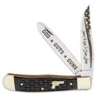 The trapper has razor-sharp stainless steel blades with black, laser-etched artwork and messages on each blade
