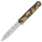 Black Legion Gold Chinese Dragon Deity Stiletto Knife - Stainless Steel Blade, Assisted Opening, Anodized Aluminum Handle, Pocket Clip
