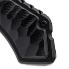 Zoomed view of the black CNC scalloped G10 inserts of the handle.