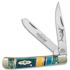 Kissing Crane Bahama Blue Trapper Pocket Knife - 440 Stainless Steel Blades, Genuine Abalone, Bone Handle, Brass Liners, Polished Bolsters, Individually Serialized
