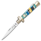 Kissing Crane Bahama Blue Small Stiletto Knife - Stainless Steel Blades, Genuine Bone Handle, Brass Liners, Polished Bolsters, Individually Serialized