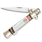 Kissing Crane Pastel Firestorm Handcrafted Stiletto Pocket Knife - 440 Stainless Steel - Genuine Mother of Pearl, Pink Abalone - Brass Bolsters - Fully Functional, Collectible - 4" Closed 