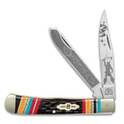 Kissing Crane Warrior Moon Trapper Pocket Knife / Folder - Collectible Limited Edition, Native American Theme, Serialized Bolsters - 440 Stainless Steel Clip, Spey; Laser Etched American Indian Art