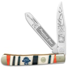 The trapper has two sharp 440 stainless steel blades, which feature beer-themed etchings and our limited edition stamp