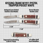 The Kissing Crane M1911 Pistol Trapper has a razor-sharp clip point blade with laser-etching.