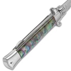 Kriegar Faux Abalone Stiletto Knife - Carbon Steel Blade, Stainless Steel Handle With Resin Inlay, Stainless Steel Bolsters - Closed 4 3/4"
