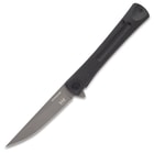 The 4” 3Cr13 stainless steel blade has a flipper to deploy the blade from the black G10 handle.