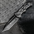 This knife measures 4.3” closed and has a 3.4” 4034 stainless steel blade with non-reflective anodized black coating.