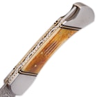 Timber Wolf Wrangler Damascus Pocket Knife with Genuine Leather Sheath - Jigged Burnt Camel Bone