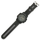 The watch band is a comfortable and flexible polyurethane with a stainless steel buckle and strong stainless steel pins