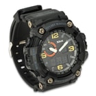 It is water-resistant up to 50m and the shock-resistant case is of tough ABS and PU with a machine-sealed resin window