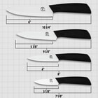The Kissing Crane Ceramic Knife Set includes a 6” chef’s knife, 5” bread knife, 4” vegetable knife, and 3” fruit knife, shown in a diagram with measurements.