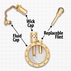 Vintage kerosene lighter with labeled components: 'Fluid cap,' 'Wick cap,' and 'Replaceable flint.