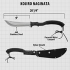 A diagram of the Kojiro Naginata Sword is shown measuring 20 1/4" overall with a 9” blade and nylon belt sheath.