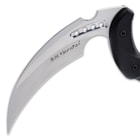 It has a 9”, full-tang 7Cr13 stainless steel, curved blade with a 5 3/4”, razor-sharp edge with weight-reducing thru-holes