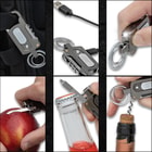 The multi-function keychain lighter shown in use in several ways