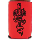 This image shows the BudK Can Koozie holding a beverage and displaying the artwork of a knife and ribbon spelling out "Get the Edge"