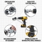 The features of the Back Forty Metal Nibbler Drill Attachment