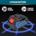 A close-up look at the electric chainsaw's lithium battery