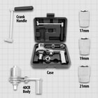 Dimension shot showing the included case and components.