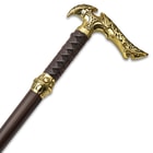 Close up image of the handle on the Gold Forged Sword Cane.