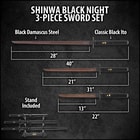 Shinwa black 3 piece japanese sword set displayed on a black lacquered wooden stand
