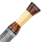 Timber Wolf Anthem Handmade Double Edged Sword - Hand Forged Damascus Steel - Walnut, Camel Bone - Gladius Style Profile - Genuine Leather Belt Scabbard - 30"