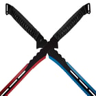 Colbat blue and crimson red twin sword set with razor sharp stainless steel blades with black rope wrapped handles overlapping
