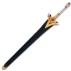 The sword snaps into a black faux leather scabbard, which has gold metal accents