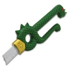 Angled shot of anime sword and green dragon handle.