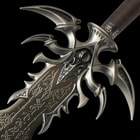 Stainless steel sword with zoomed view of engraved runes on Vorthelok blade
