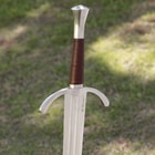Stainless steel blade attached to polished handguard and wood handle wrapped in brown leather with hefty steel pommel
