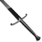 The sword handle has a genuine black leather grip with embossed cord grooves