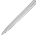 Zoomed view of the piercing point of the Templar Sword’s 1065 carbon steel blade.