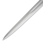 Detailed view of the Oakeshott Sword’s 1065 carbon steel blade with piercing point.