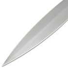 Zoomed view of the piercing point of the Honshu Roman Mainz Pattern Gladius’ 1065 carbon steel blade.