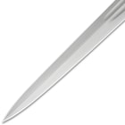 Detailed view of the piercing point of the Double Fuller Sword’s 1065 carbon steel blade.