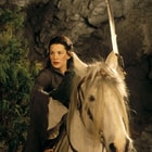 Graphic of Lord of the Rings Arwen Evenstar holding Hadhafang stainless steel sword on top of white horse
