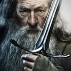 The Hobbit character Gandalf holding the Glamdring sword.  