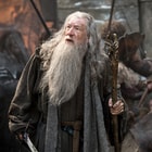 The Hobbit character Gandalf is shown holding the staff in a movie still. 