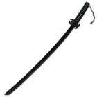 The 38” katana has a black scabbard and black cord wrapped handle with neon green imitation ray skin underneath. 