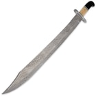 Angled view of the scimitar, showcasing the 24 3/8” Damascus steel blade.