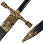 The scabbard has polished metal accents, including an “Excalibur King Arthur” seal. 