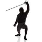 With the twisted stainless silver handguard in view, the rapier is held overhead by a person in full fencing attire. 