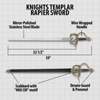 This image shows the technical specifications of the Knigth's Templar rapier sword