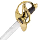 The leather handle with wire wrapping is partially encircled by a brass guard. 