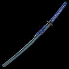 The 41” overall katana slides into a blue lacquered wooden scabbard, accented with gold flecks and blue cord-wrap