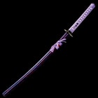 The 40 1/2” overall katana slides into a black and splatter paint design, lacquered wooden scabbard, accented with purple cord